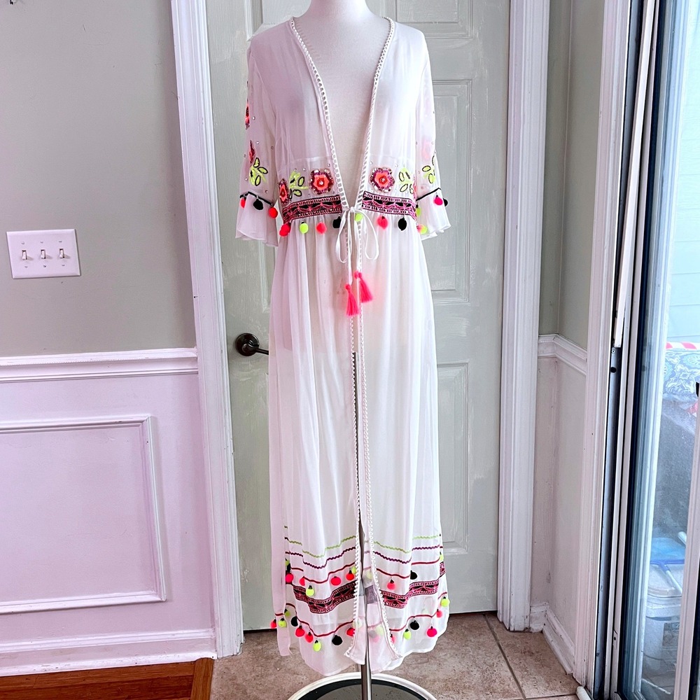 River Island Maxi Kimono M Womens Embroidered Pom READ White Boho Beach Cover Up